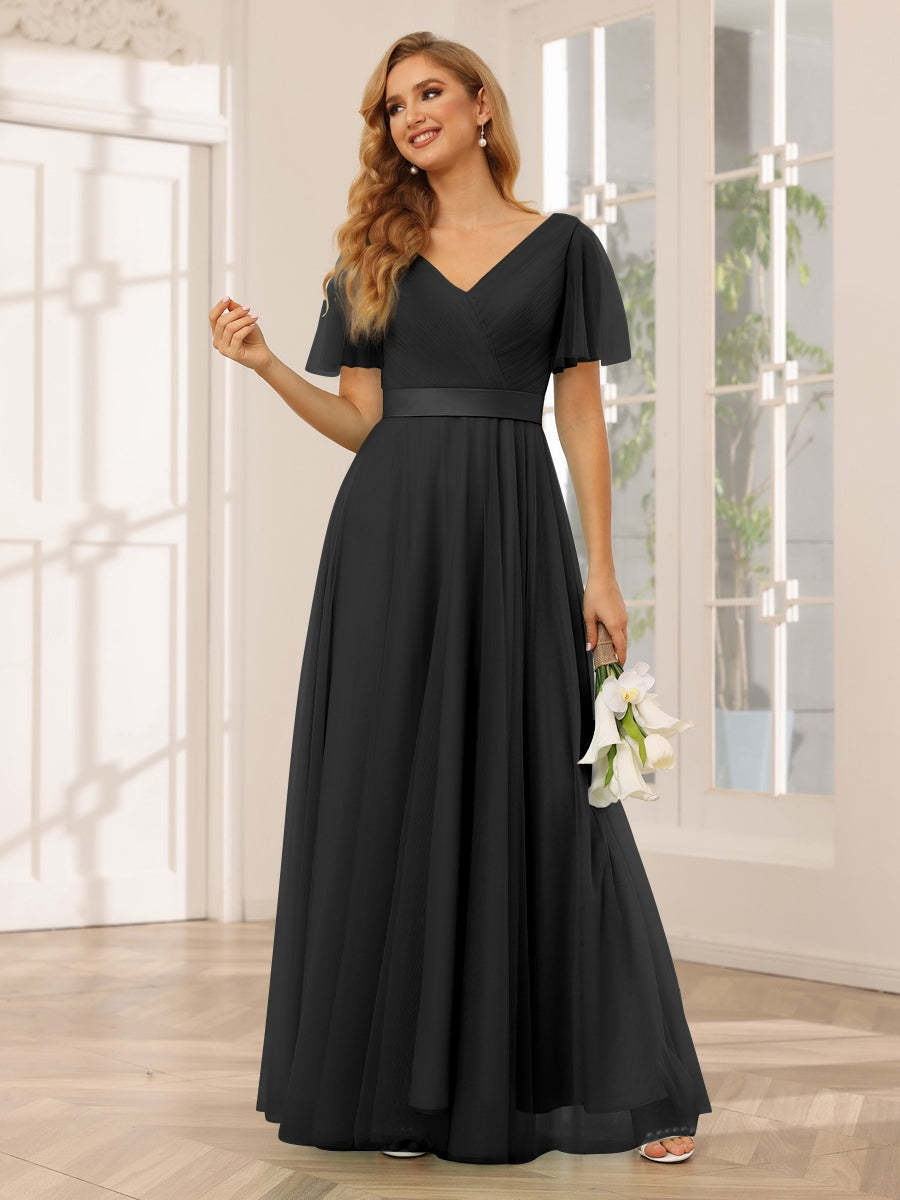 V-Neck A-Line Princess Floor-Length Bridesmaid Dresses with Short Sleeves and Lace
