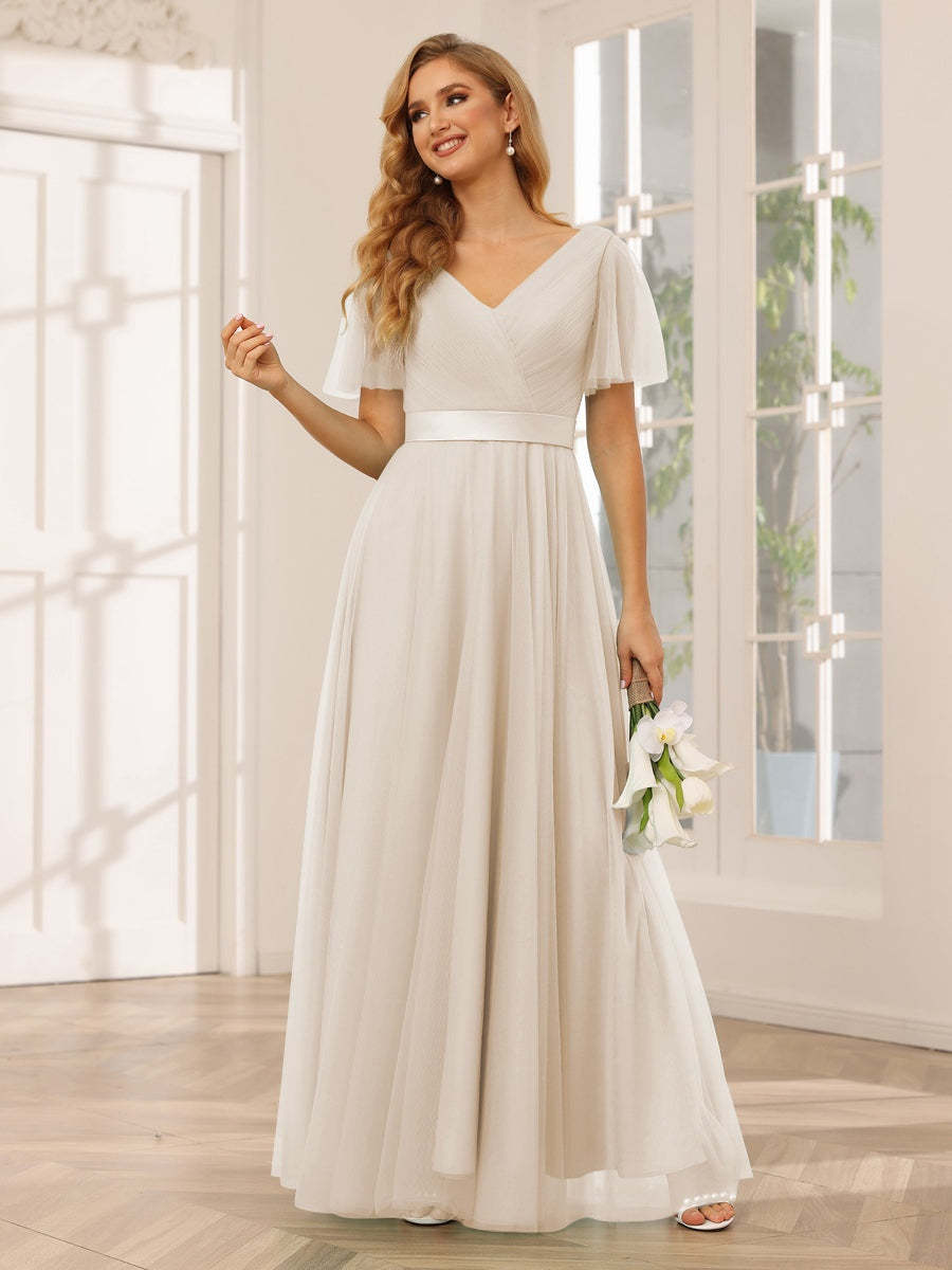 V-Neck A-Line Princess Floor-Length Bridesmaid Dresses with Short Sleeves and Lace