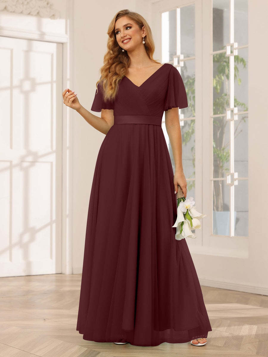 V-Neck A-Line Princess Floor-Length Bridesmaid Dresses with Short Sleeves and Lace