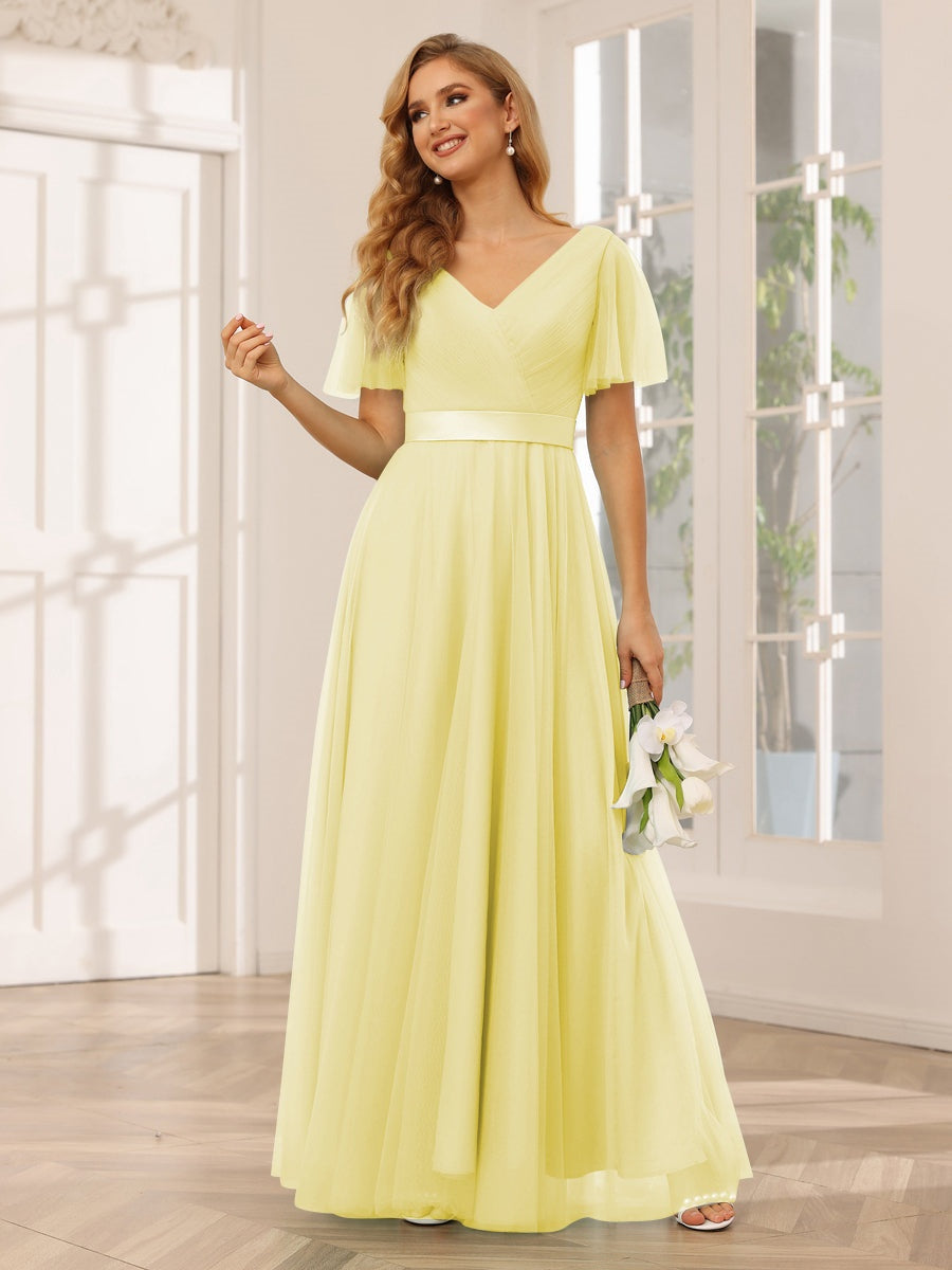 V-Neck A-Line Princess Floor-Length Bridesmaid Dresses with Short Sleeves and Lace