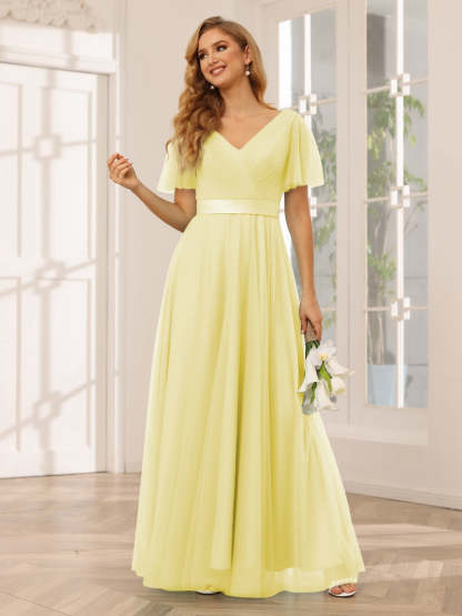 V-Neck A-Line Princess Floor-Length Bridesmaid Dresses with Short Sleeves and Lace