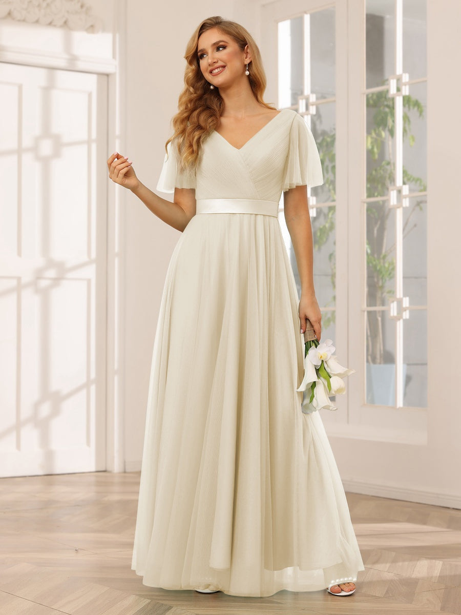 V-Neck A-Line Princess Floor-Length Bridesmaid Dresses with Short Sleeves and Lace