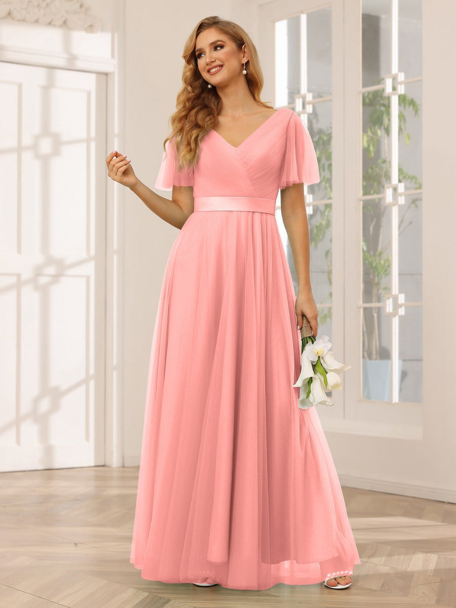V-Neck A-Line Princess Floor-Length Bridesmaid Dresses with Short Sleeves and Lace