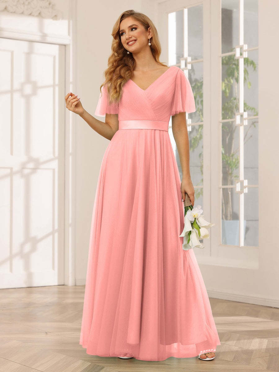V-Neck A-Line Princess Floor-Length Bridesmaid Dresses with Short Sleeves and Lace