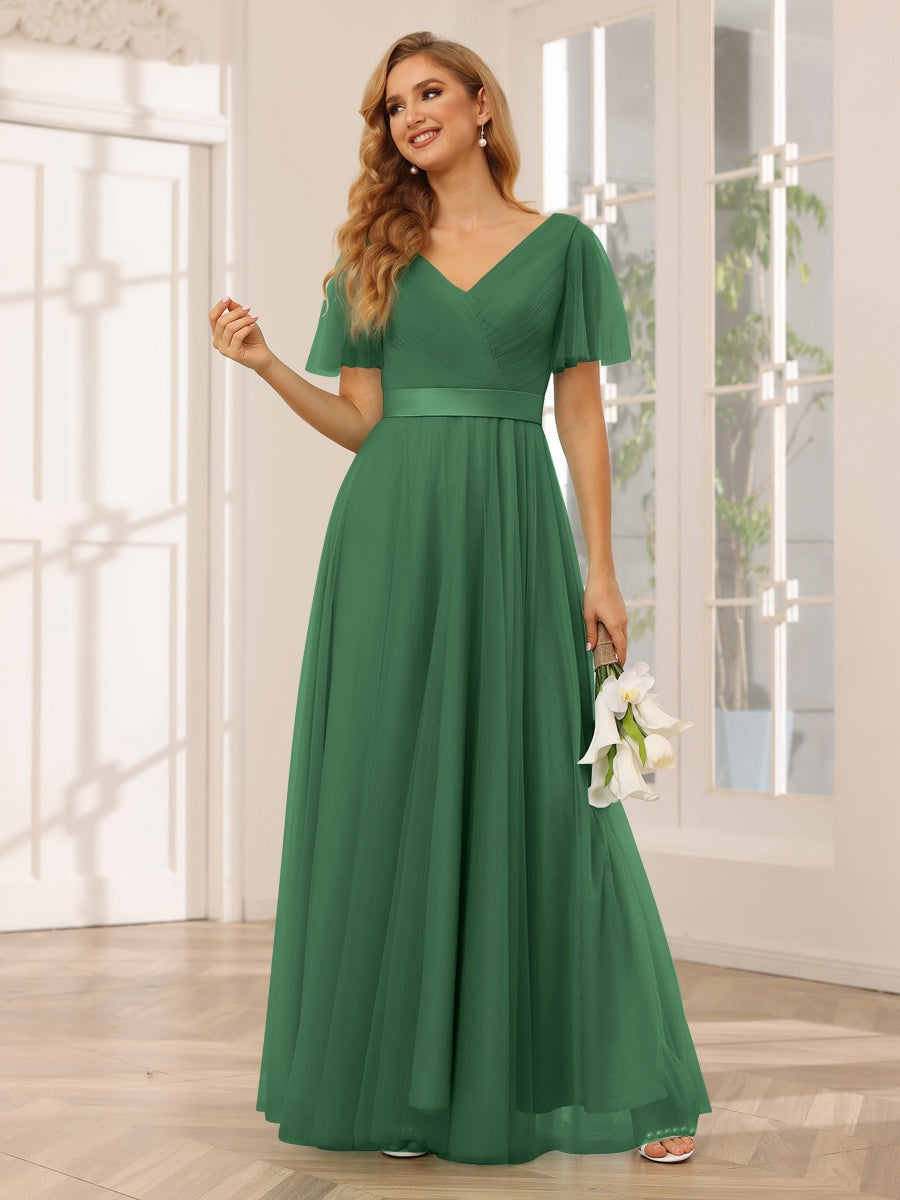 V-Neck A-Line Princess Floor-Length Bridesmaid Dresses with Short Sleeves and Lace