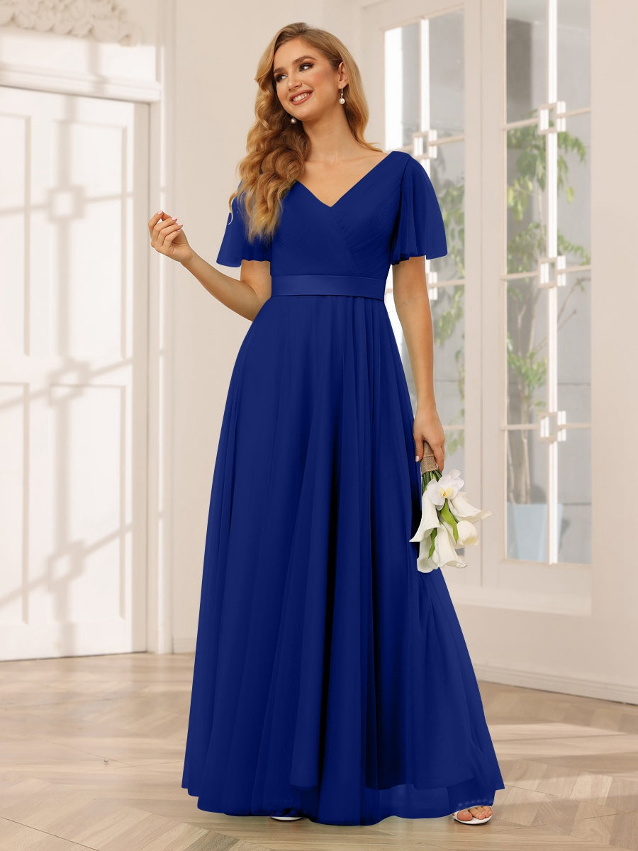 V-Neck A-Line Princess Floor-Length Bridesmaid Dresses with Short Sleeves and Lace
