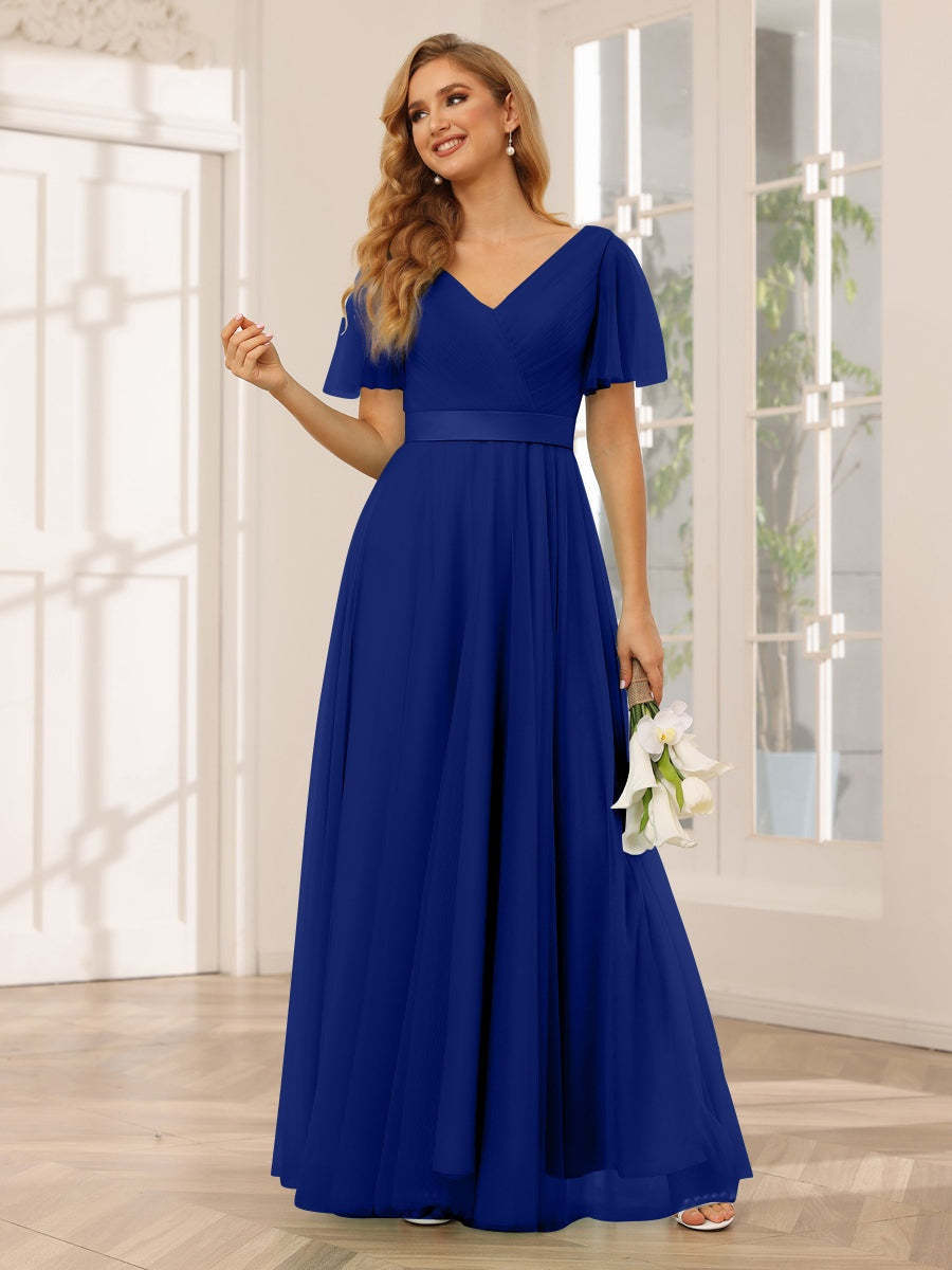 V-Neck A-Line Princess Floor-Length Bridesmaid Dresses with Short Sleeves and Lace