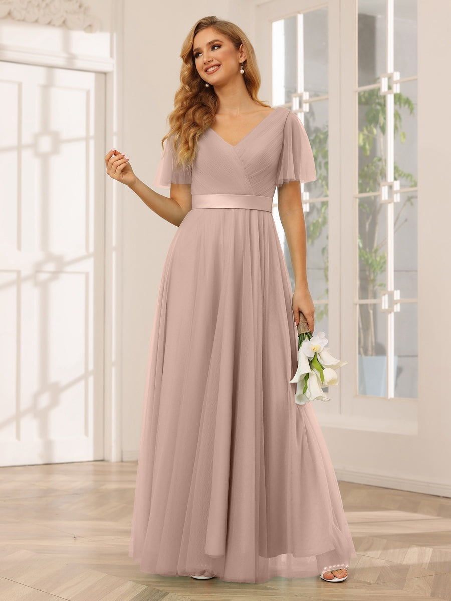 V-Neck A-Line Princess Floor-Length Bridesmaid Dresses with Short Sleeves and Lace