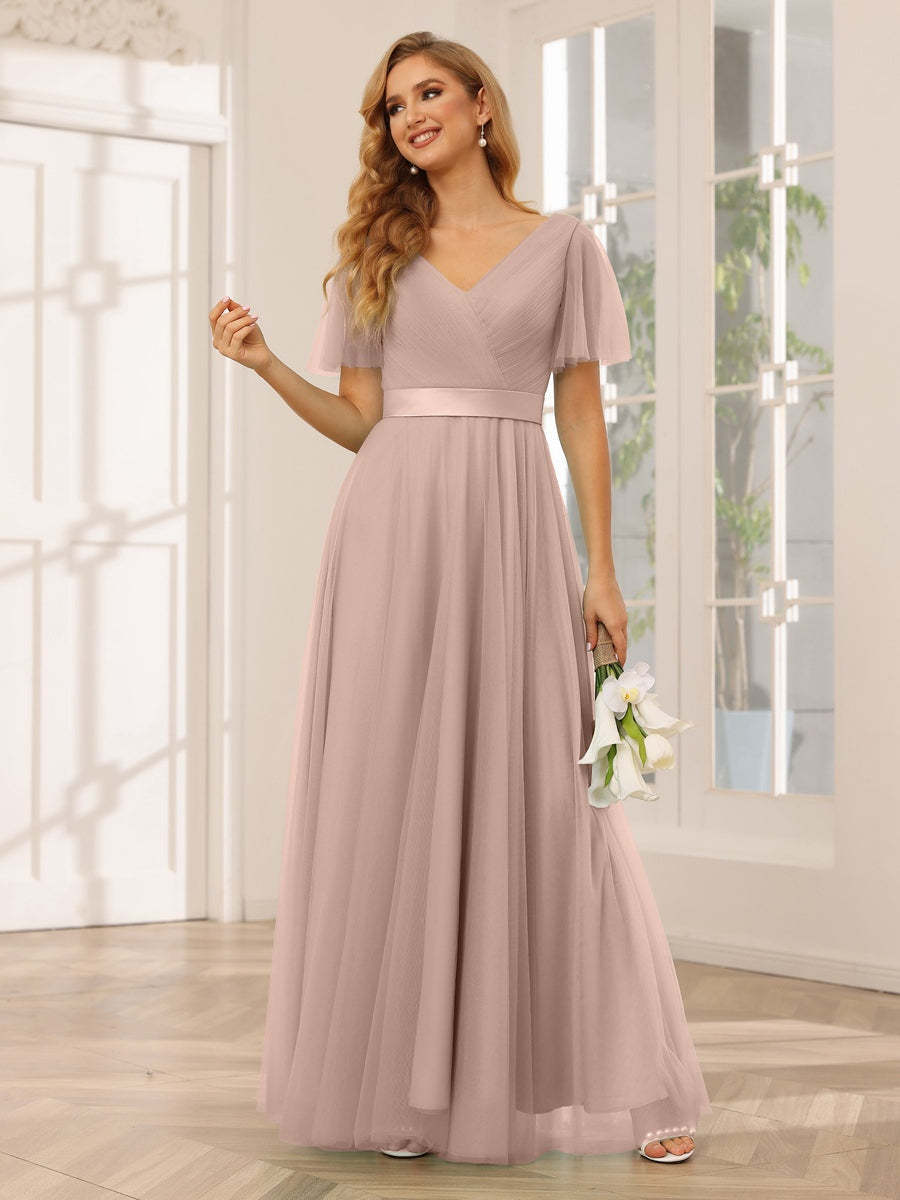 V-Neck A-Line Princess Floor-Length Bridesmaid Dresses with Short Sleeves and Lace