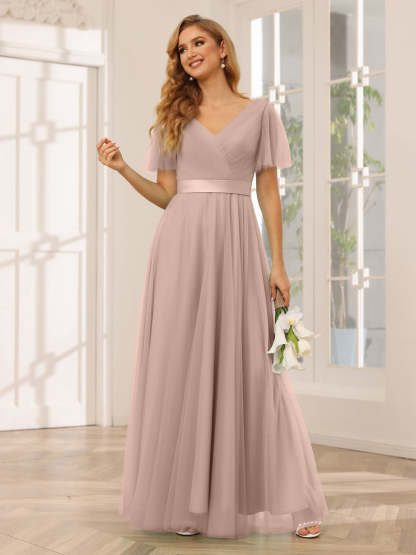 V-Neck A-Line Princess Floor-Length Bridesmaid Dresses with Short Sleeves and Lace