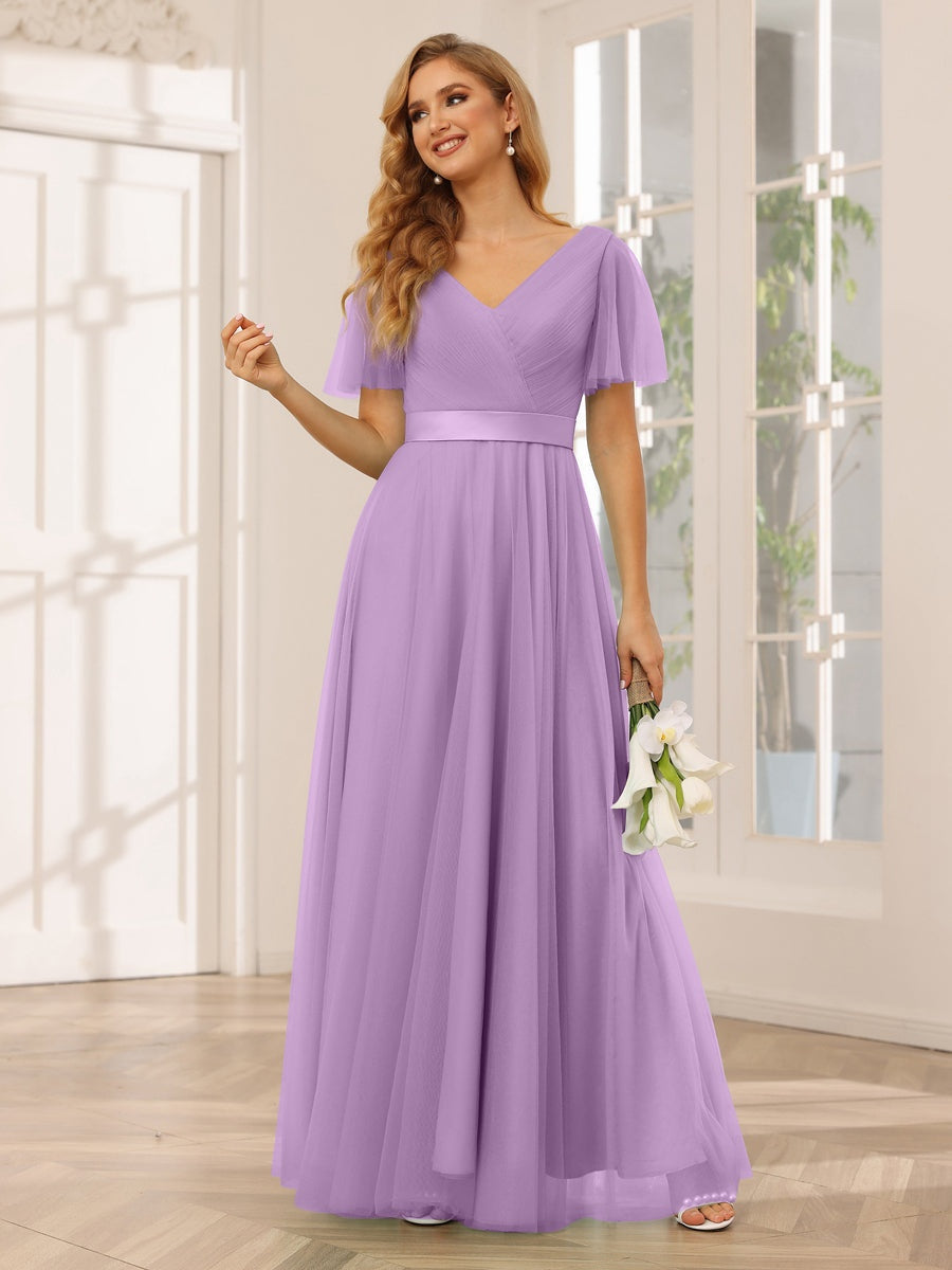 V-Neck A-Line Princess Floor-Length Bridesmaid Dresses with Short Sleeves and Lace