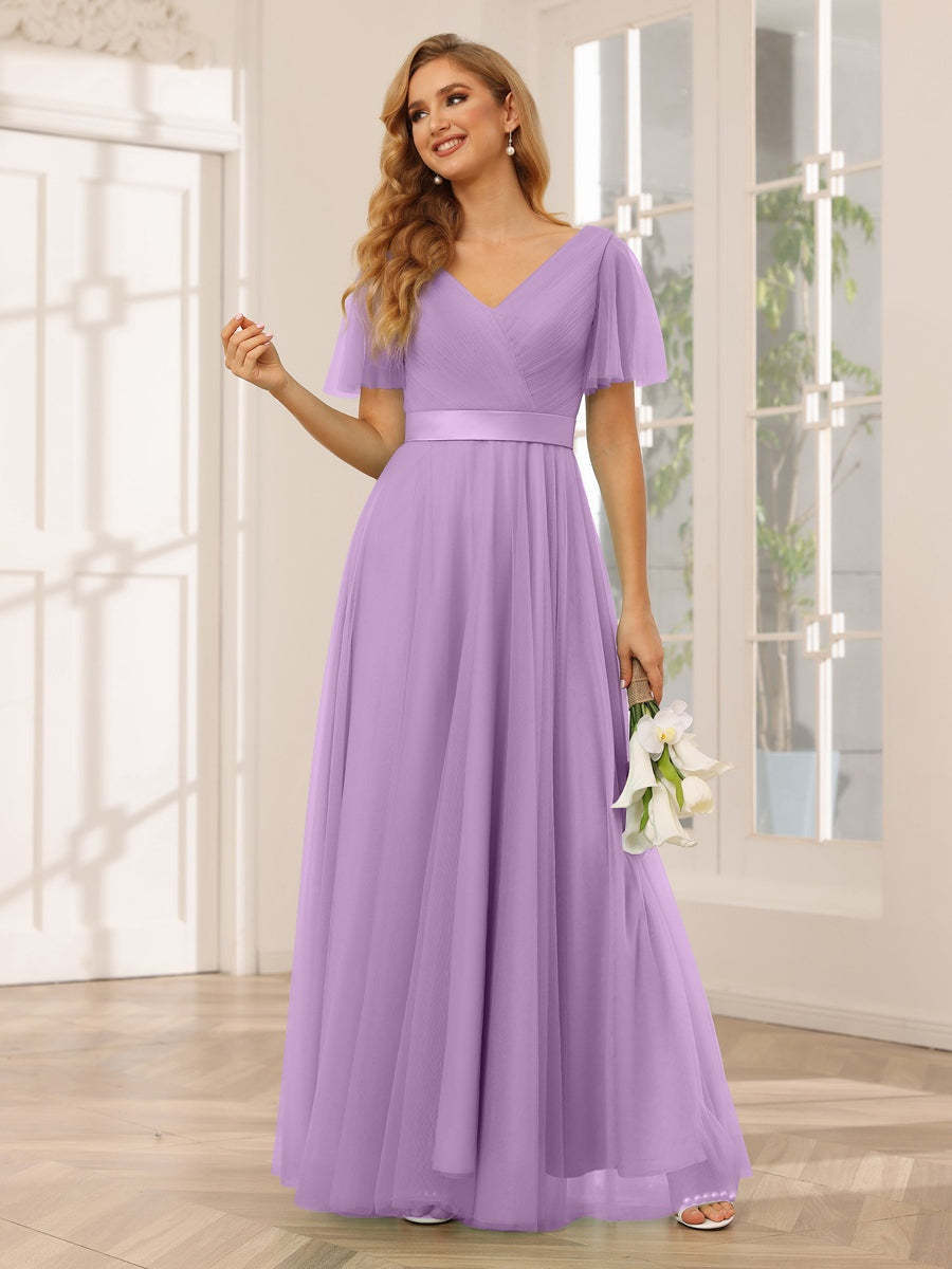 V-Neck A-Line Princess Floor-Length Bridesmaid Dresses with Short Sleeves and Lace