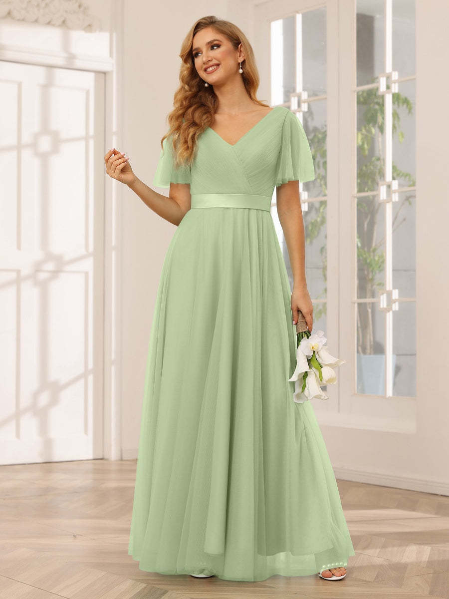 V-Neck A-Line Princess Floor-Length Bridesmaid Dresses with Short Sleeves and Lace