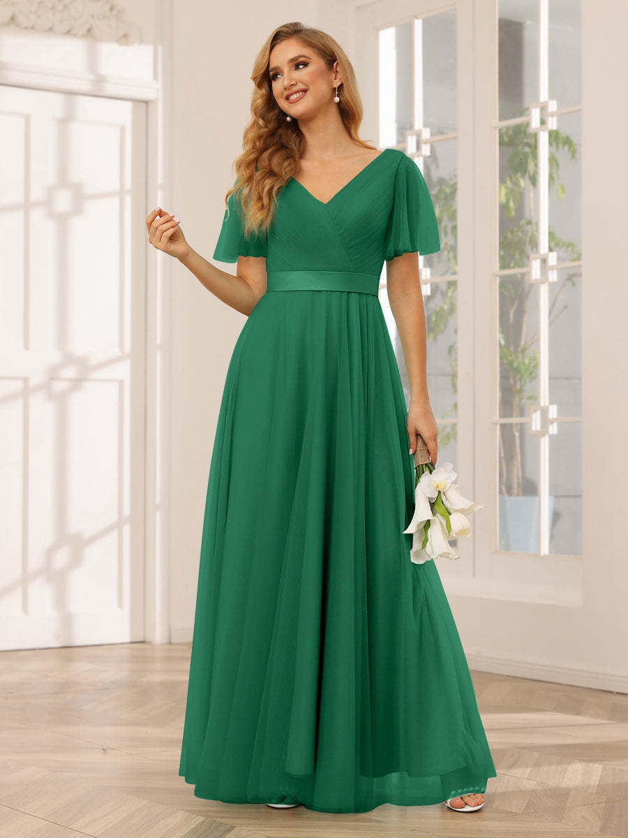 V-Neck A-Line Princess Floor-Length Bridesmaid Dresses with Short Sleeves and Lace