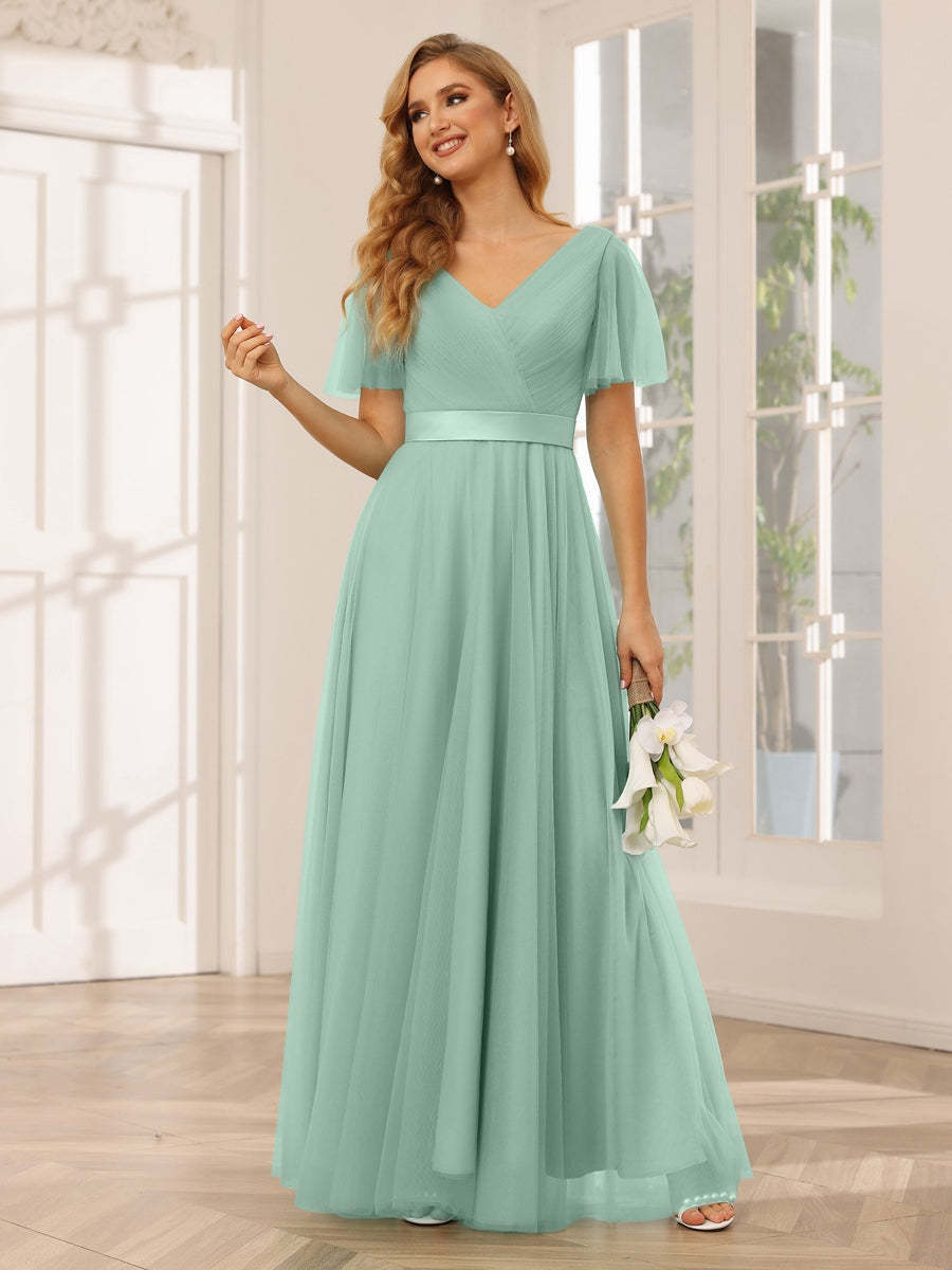 V-Neck A-Line Princess Floor-Length Bridesmaid Dresses with Short Sleeves and Lace