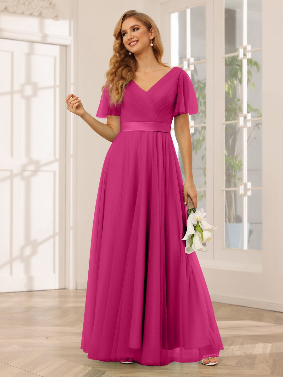 V-Neck A-Line Princess Floor-Length Bridesmaid Dresses with Short Sleeves and Lace