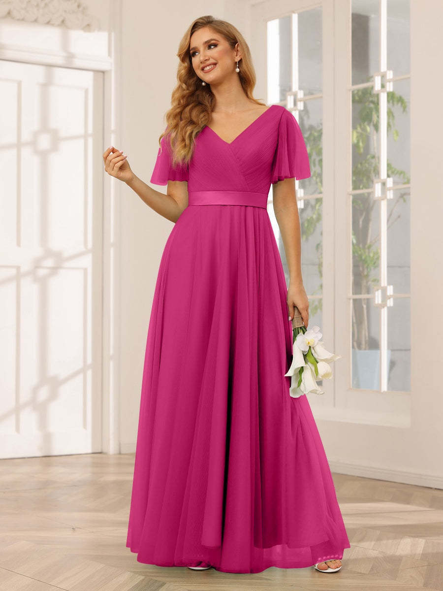 V-Neck A-Line Princess Floor-Length Bridesmaid Dresses with Short Sleeves and Lace
