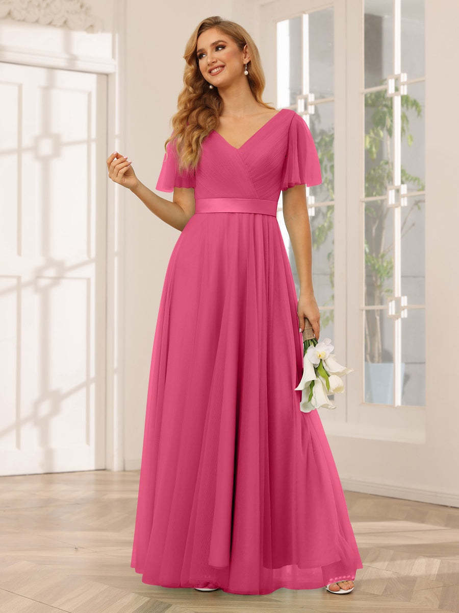 V-Neck A-Line Princess Floor-Length Bridesmaid Dresses with Short Sleeves and Lace