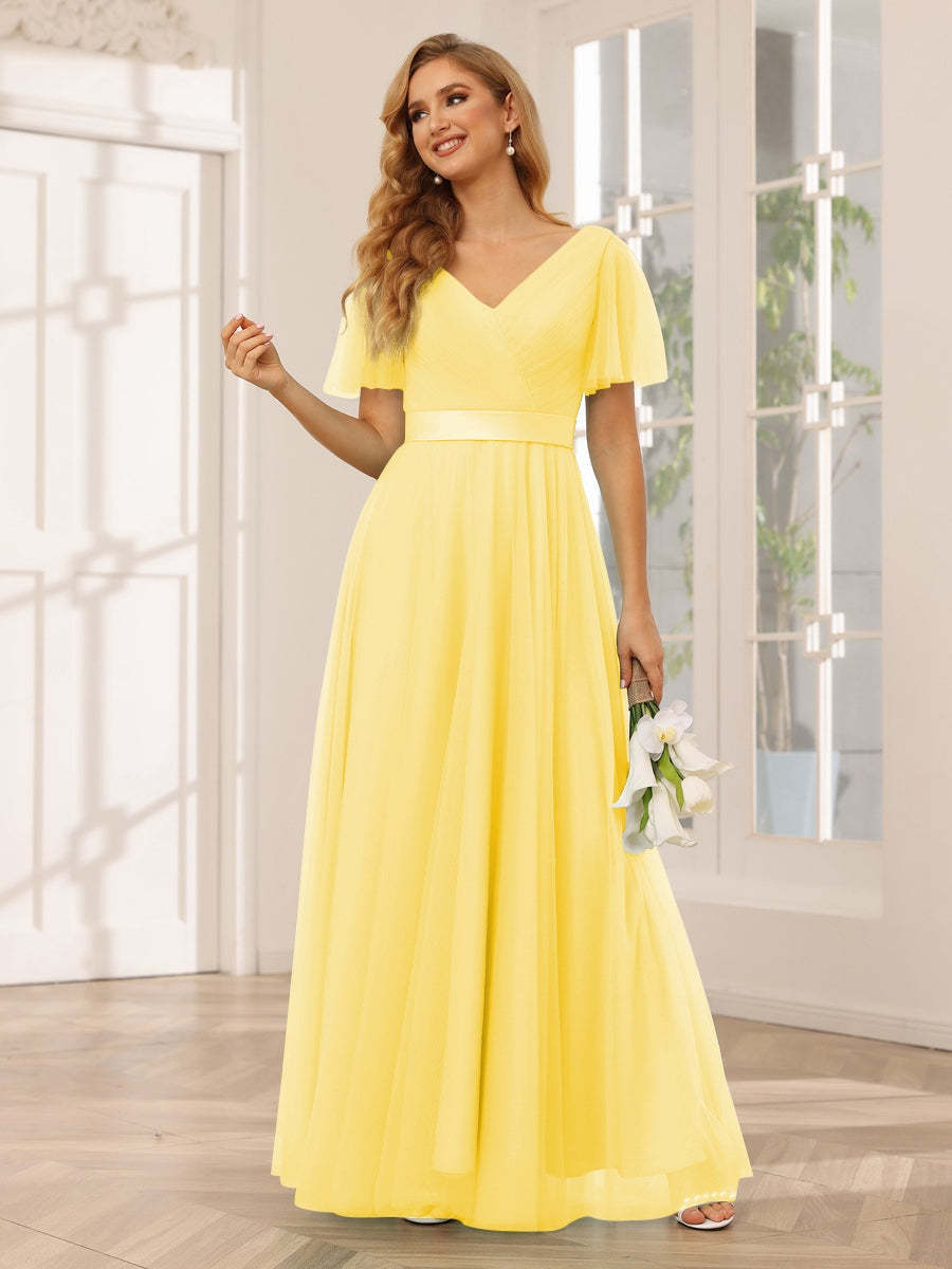 V-Neck A-Line Princess Floor-Length Bridesmaid Dresses with Short Sleeves and Lace