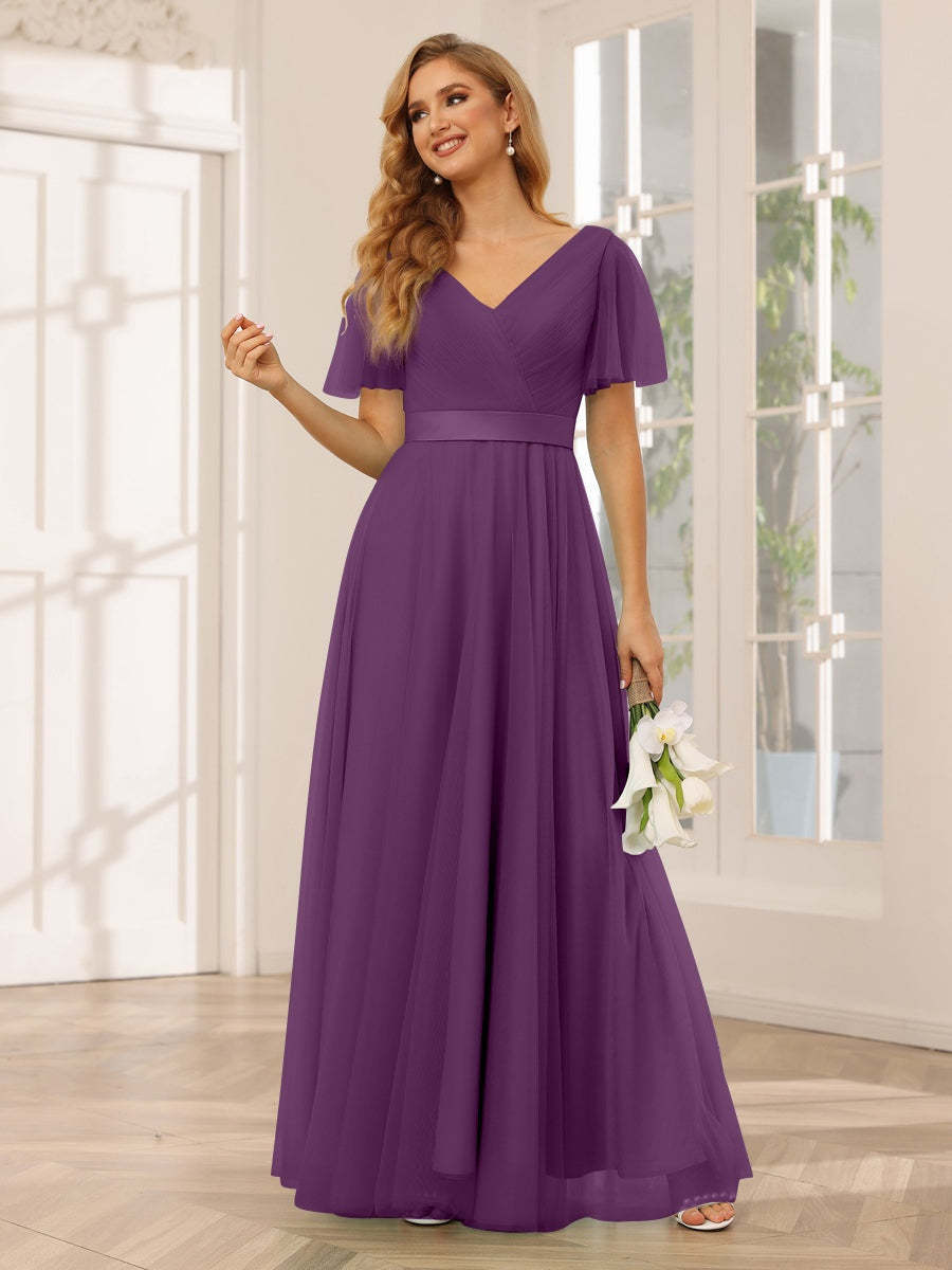V-Neck A-Line Princess Floor-Length Bridesmaid Dresses with Short Sleeves and Lace