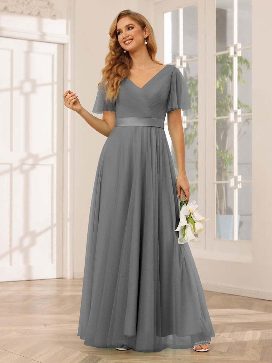 V-Neck A-Line Princess Floor-Length Bridesmaid Dresses with Short Sleeves and Lace
