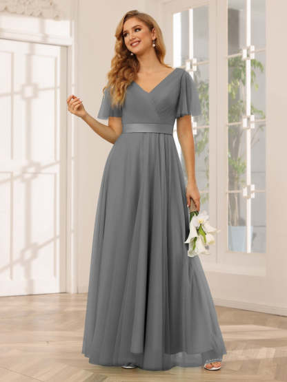 V-Neck A-Line Princess Floor-Length Bridesmaid Dresses with Short Sleeves and Lace