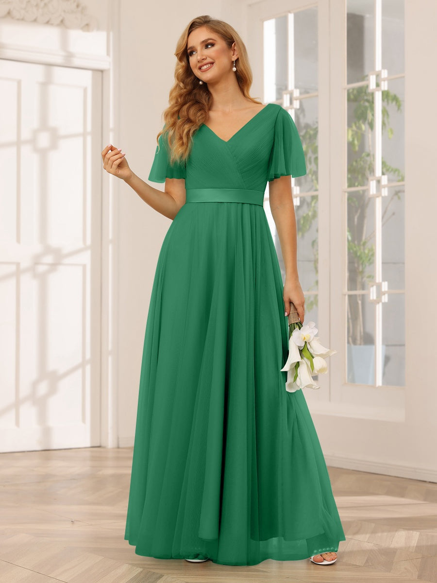 V-Neck A-Line Princess Floor-Length Bridesmaid Dresses with Short Sleeves and Lace