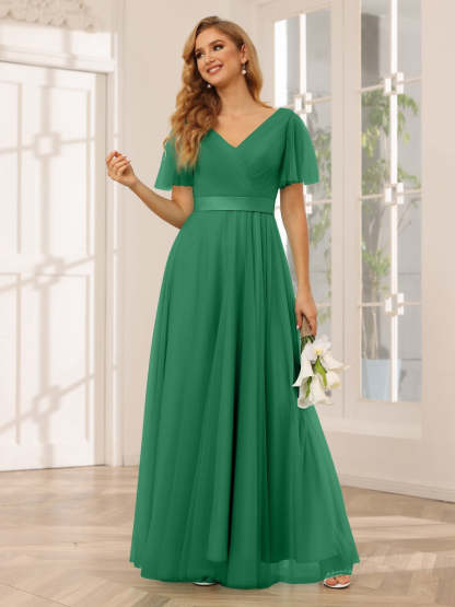V-Neck A-Line Princess Floor-Length Bridesmaid Dresses with Short Sleeves and Lace