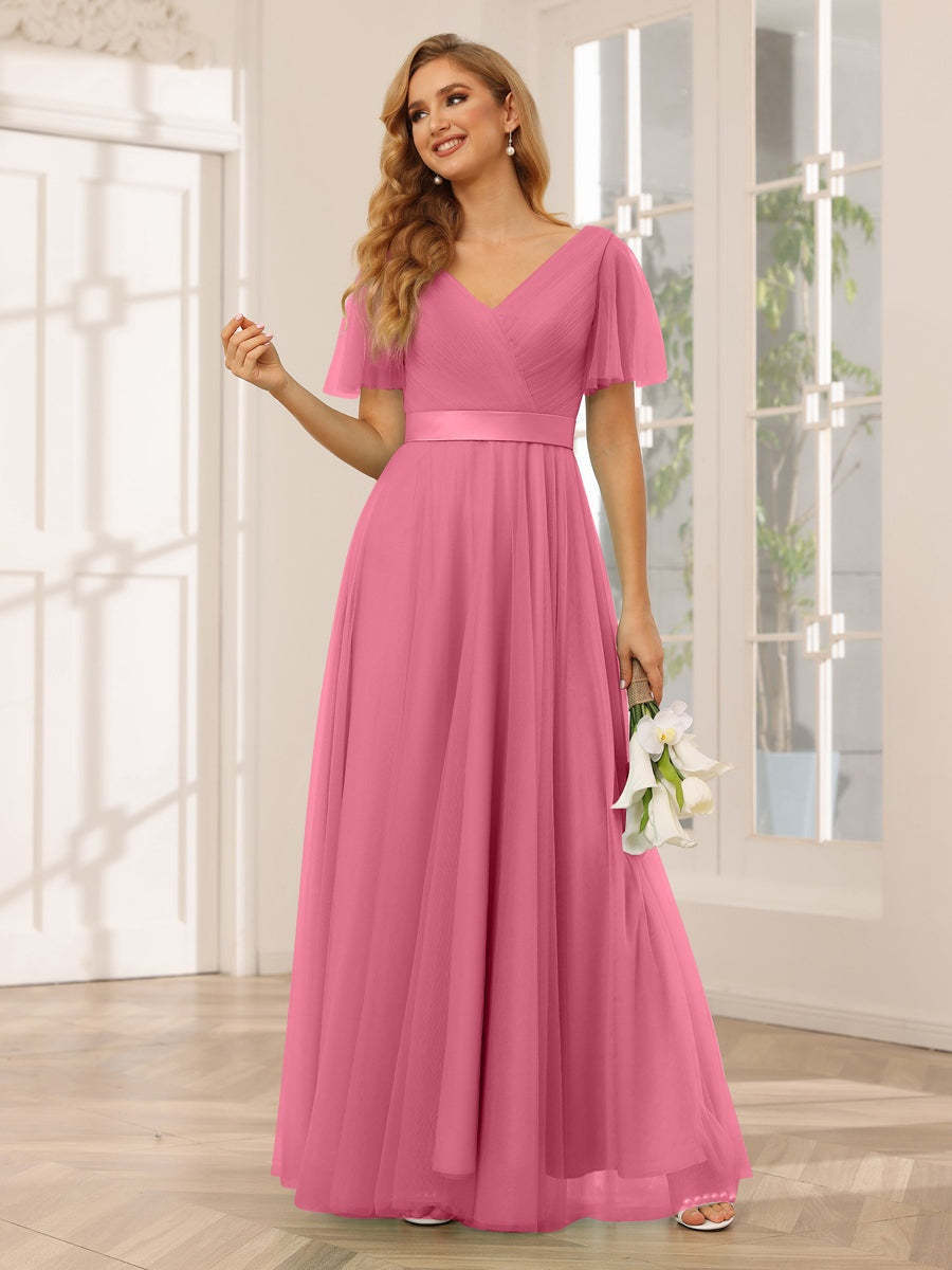 V-Neck A-Line Princess Floor-Length Bridesmaid Dresses with Short Sleeves and Lace