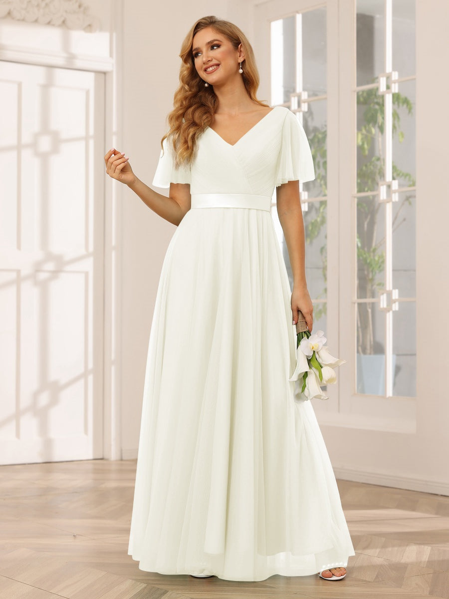 V-Neck A-Line Princess Floor-Length Bridesmaid Dresses with Short Sleeves and Lace