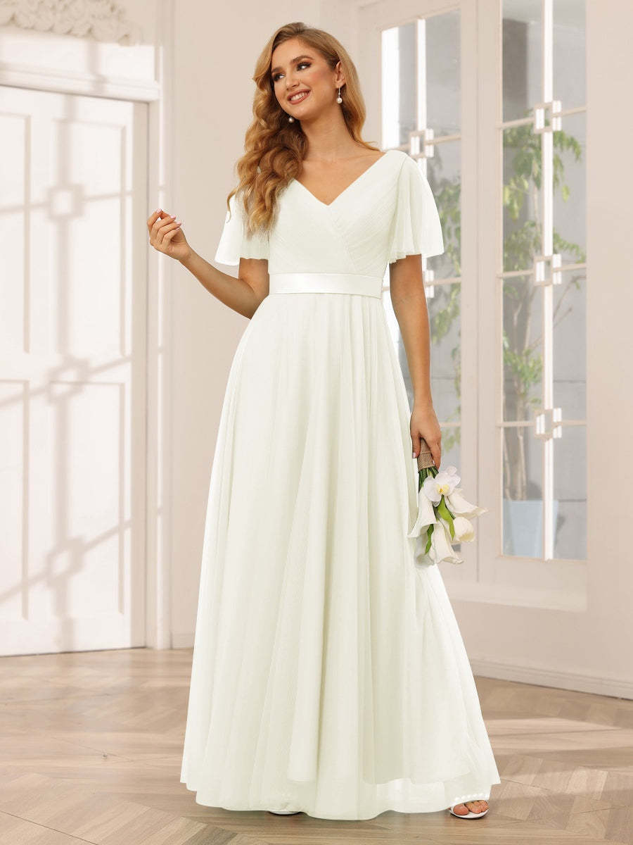 V-Neck A-Line Princess Floor-Length Bridesmaid Dresses with Short Sleeves and Lace