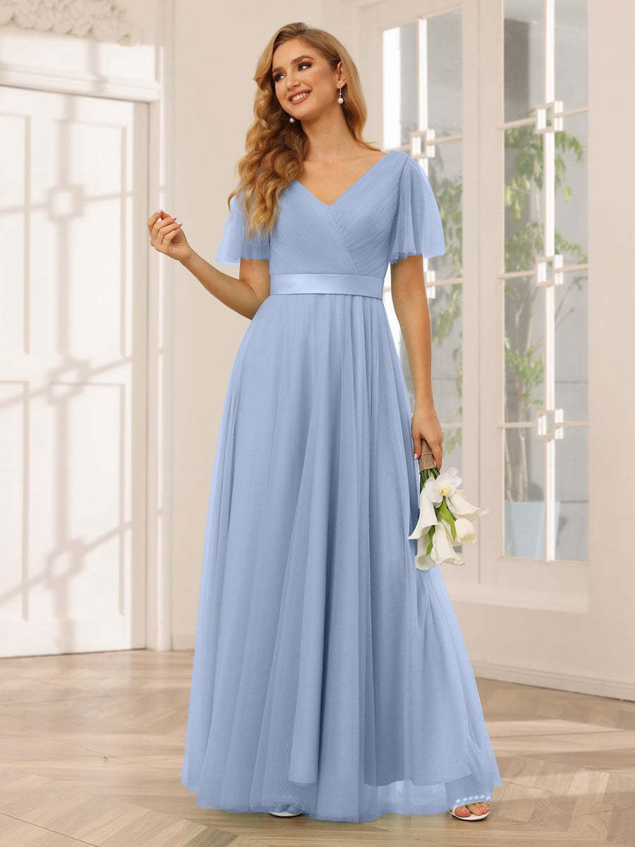 V-Neck A-Line Princess Floor-Length Bridesmaid Dresses with Short Sleeves and Lace