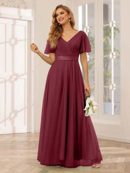 V-Neck A-Line Princess Floor-Length Bridesmaid Dresses with Short Sleeves and Lace
