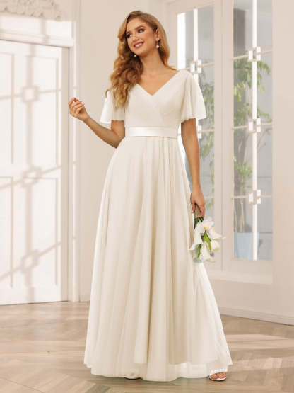 V-Neck A-Line Princess Floor-Length Bridesmaid Dresses with Short Sleeves and Lace