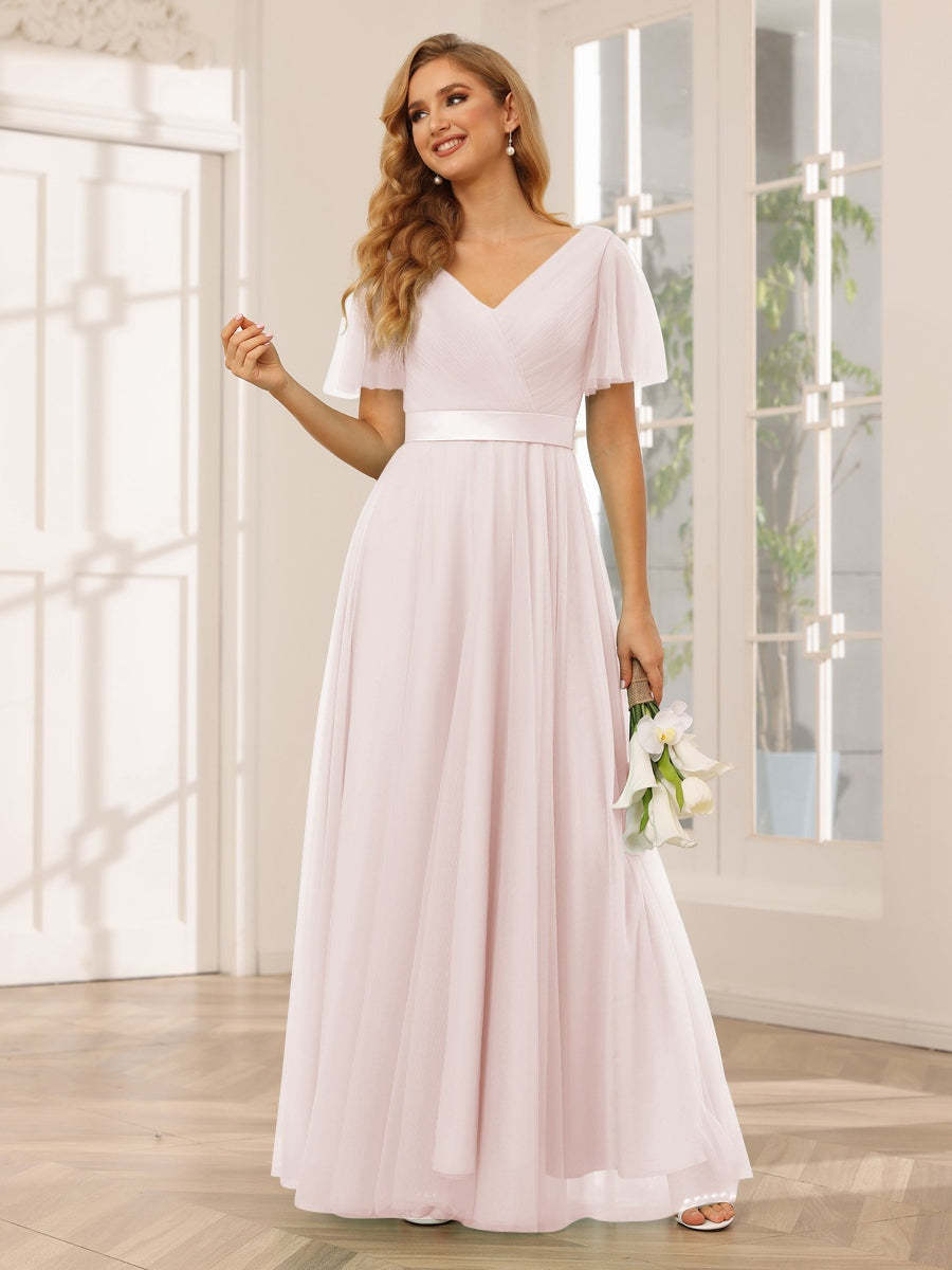 V-Neck A-Line Princess Floor-Length Bridesmaid Dresses with Short Sleeves and Lace
