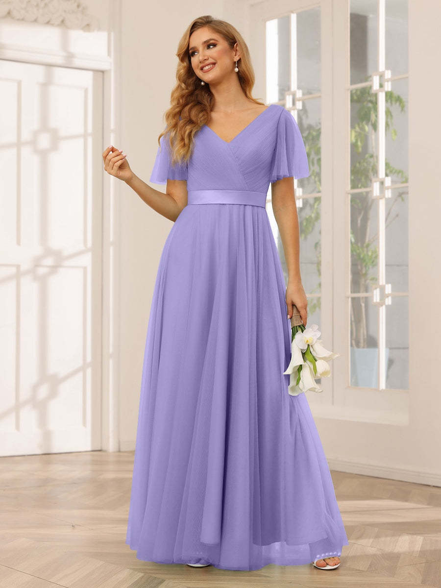 V-Neck A-Line Princess Floor-Length Bridesmaid Dresses with Short Sleeves and Lace