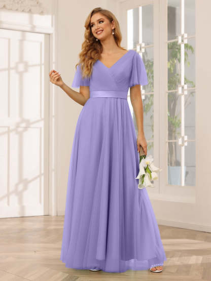 V-Neck A-Line Princess Floor-Length Bridesmaid Dresses with Short Sleeves and Lace