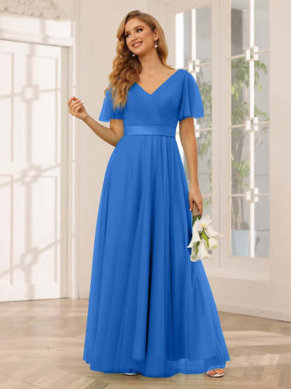 V-Neck A-Line Princess Floor-Length Bridesmaid Dresses with Short Sleeves and Lace