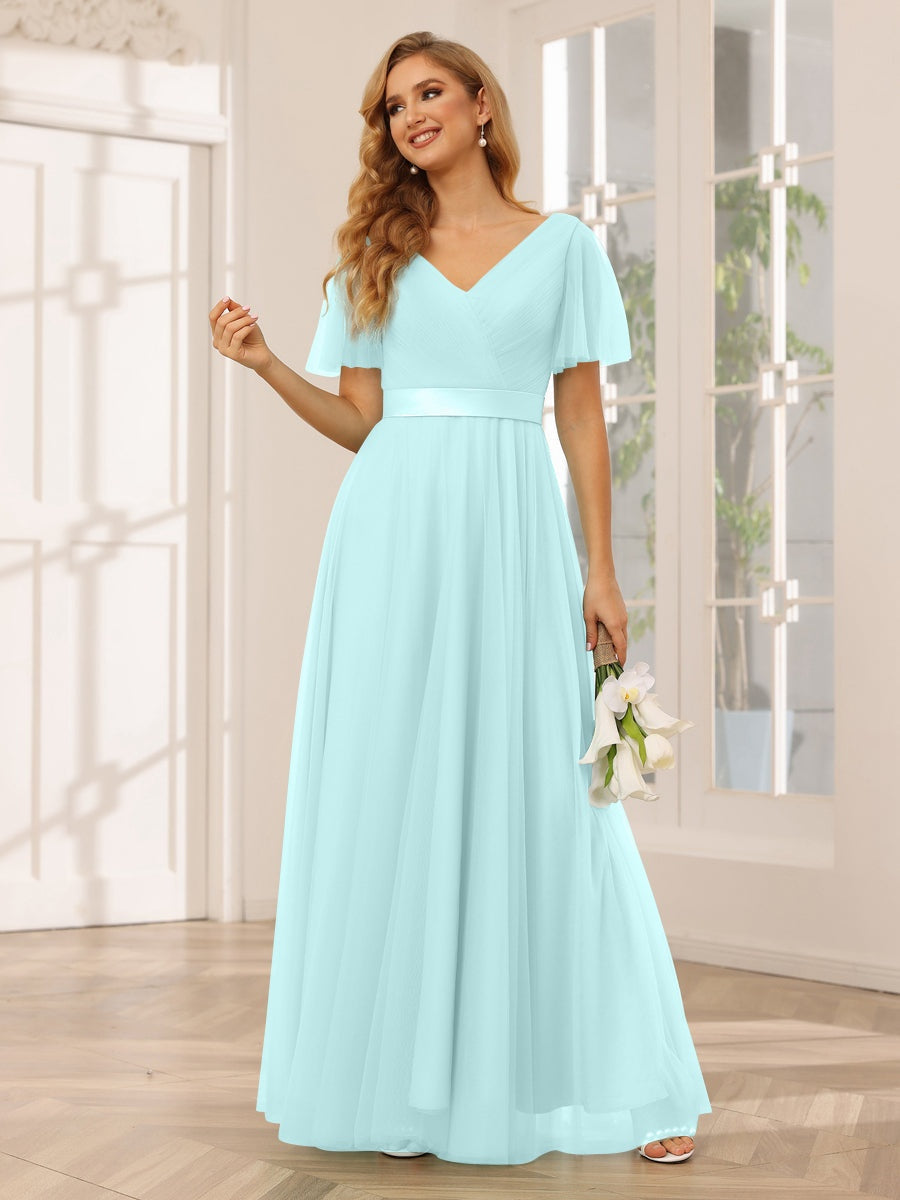 V-Neck A-Line Princess Floor-Length Bridesmaid Dresses with Short Sleeves and Lace