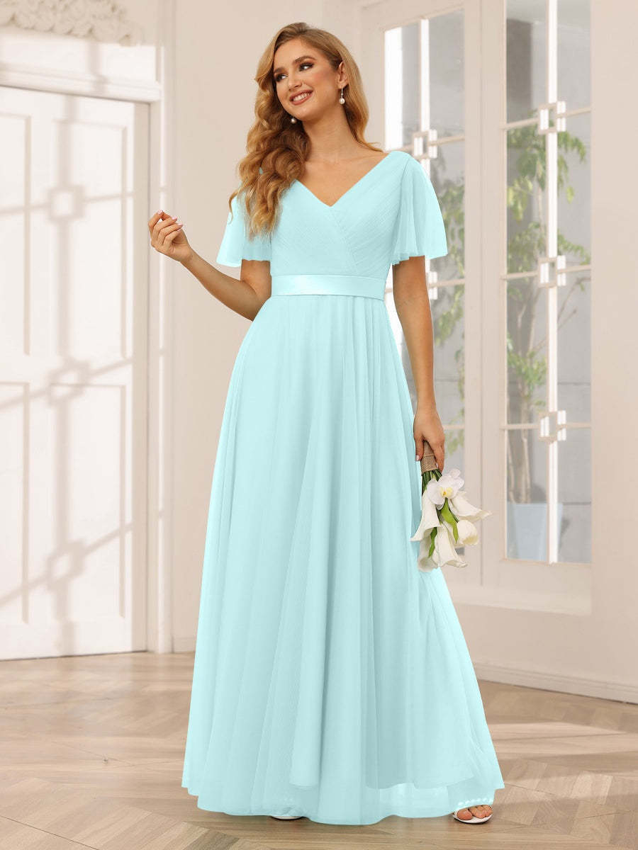 V-Neck A-Line Princess Floor-Length Bridesmaid Dresses with Short Sleeves and Lace