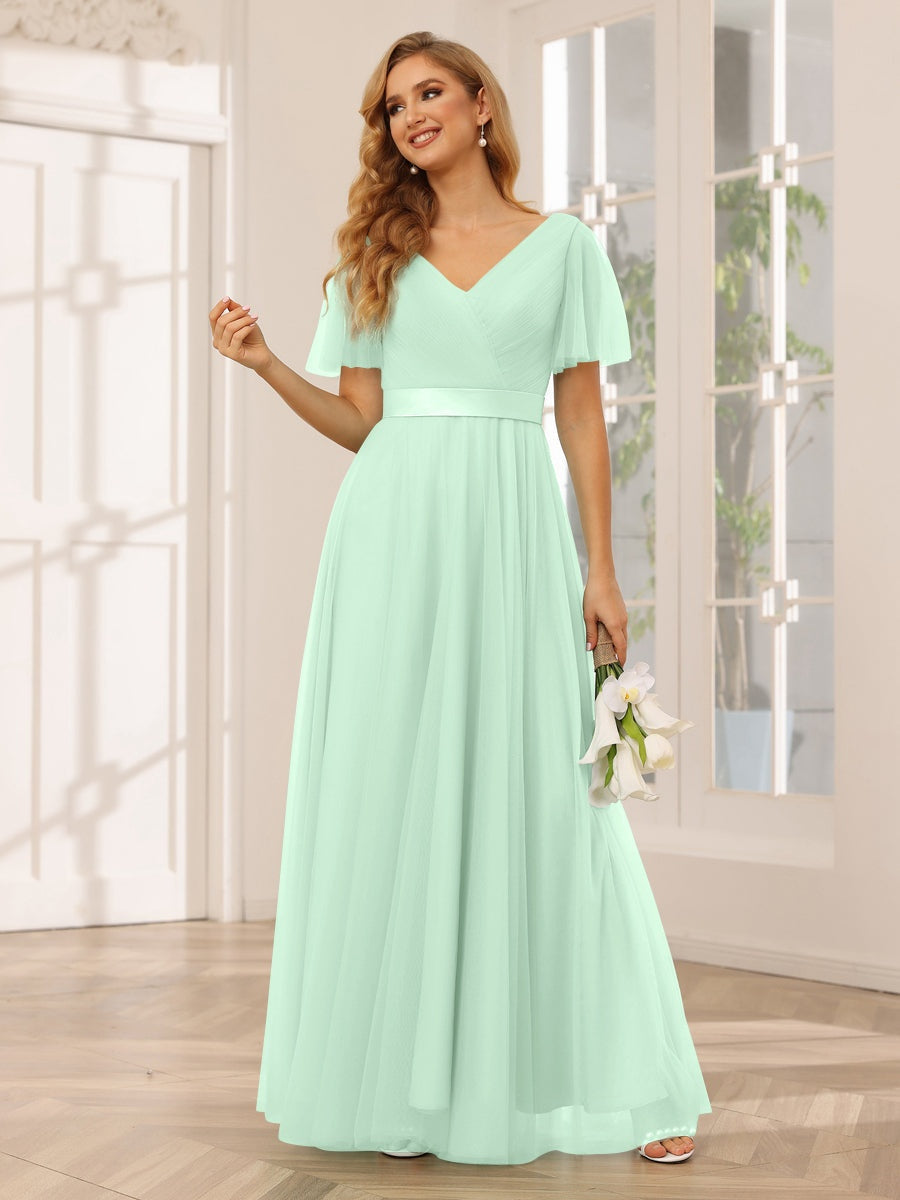 V-Neck A-Line Princess Floor-Length Bridesmaid Dresses with Short Sleeves and Lace