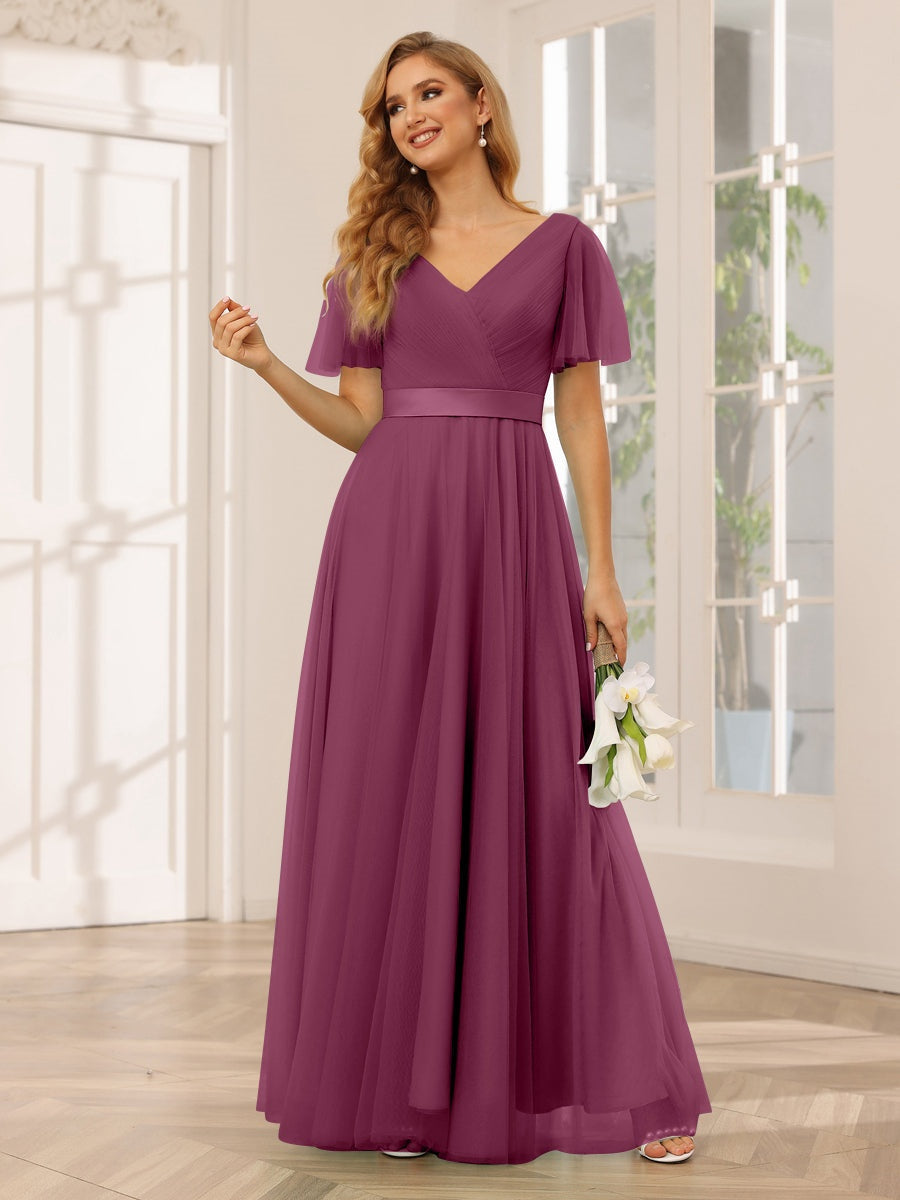 V-Neck A-Line Princess Floor-Length Bridesmaid Dresses with Short Sleeves and Lace