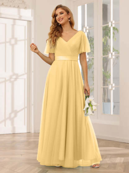 V-Neck A-Line Princess Floor-Length Bridesmaid Dresses with Short Sleeves and Lace