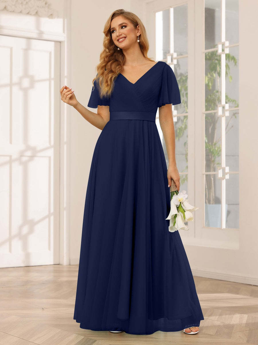 V-Neck A-Line Princess Floor-Length Bridesmaid Dresses with Short Sleeves and Lace