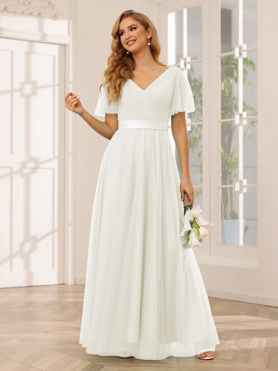 V-Neck A-Line Princess Floor-Length Bridesmaid Dresses with Short Sleeves and Lace