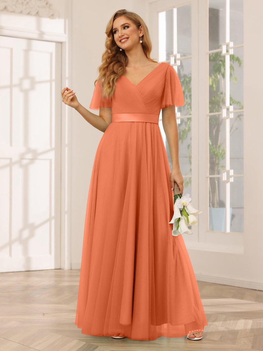 V-Neck A-Line Princess Floor-Length Bridesmaid Dresses with Short Sleeves and Lace