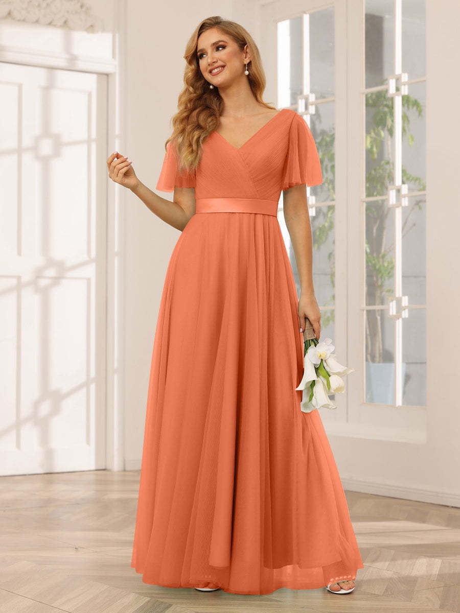 V-Neck A-Line Princess Floor-Length Bridesmaid Dresses with Short Sleeves and Lace