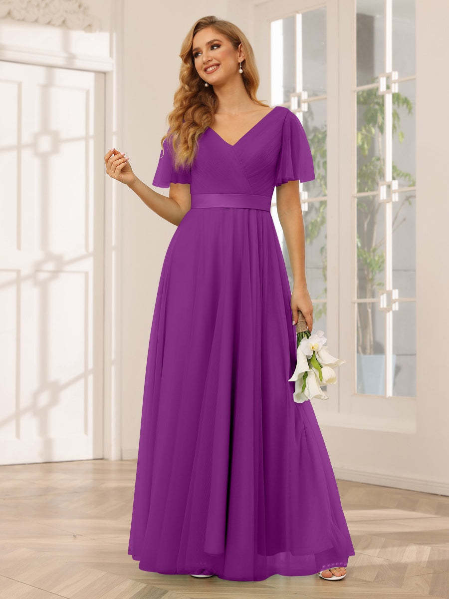 V-Neck A-Line Princess Floor-Length Bridesmaid Dresses with Short Sleeves and Lace