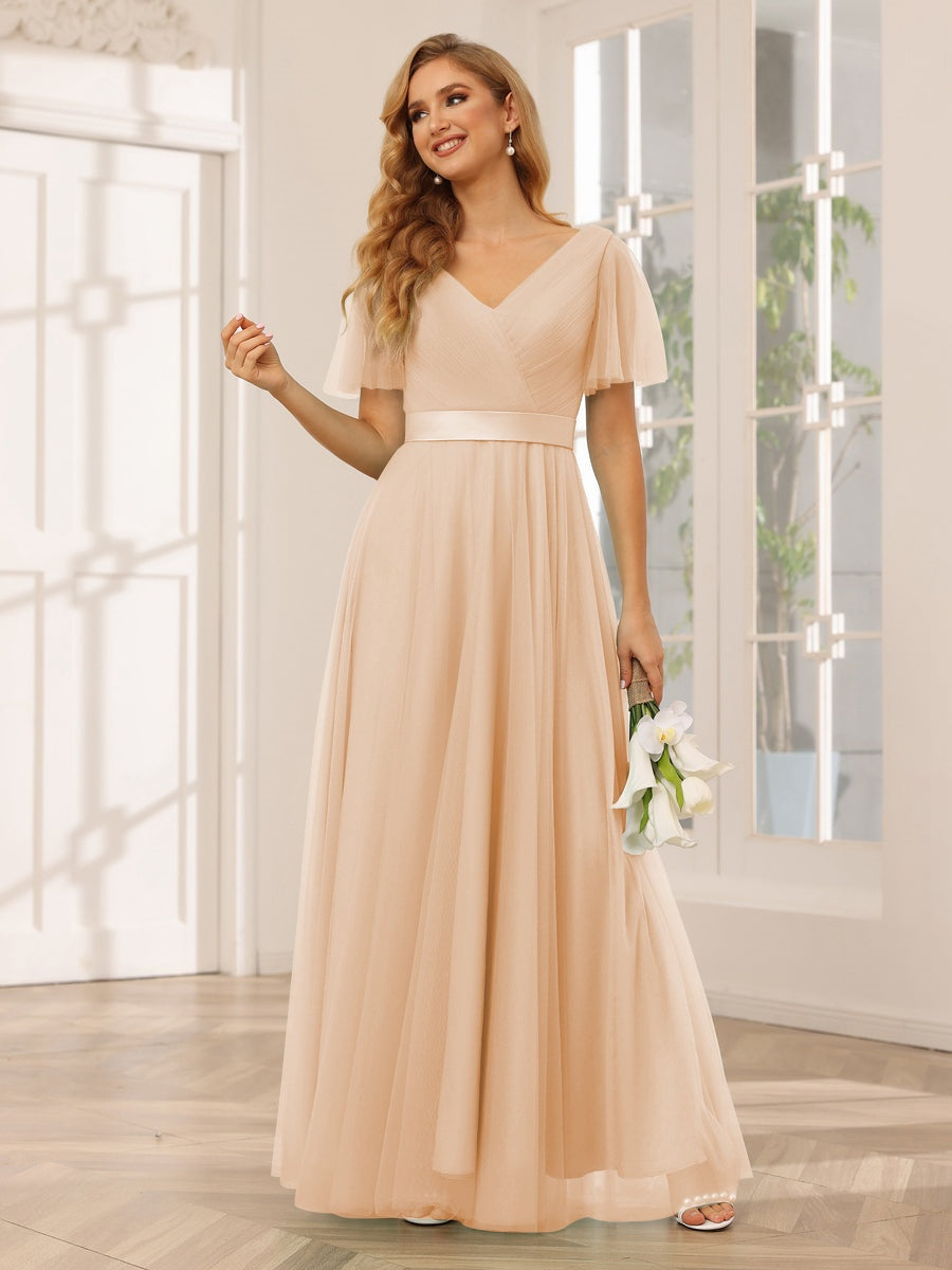 V-Neck A-Line Princess Floor-Length Bridesmaid Dresses with Short Sleeves and Lace