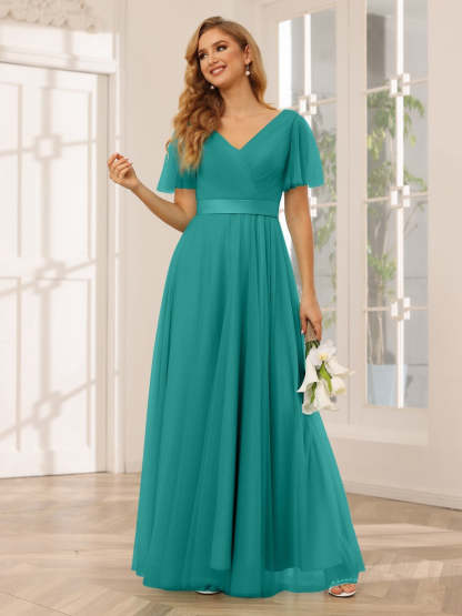 V-Neck A-Line Princess Floor-Length Bridesmaid Dresses with Short Sleeves and Lace